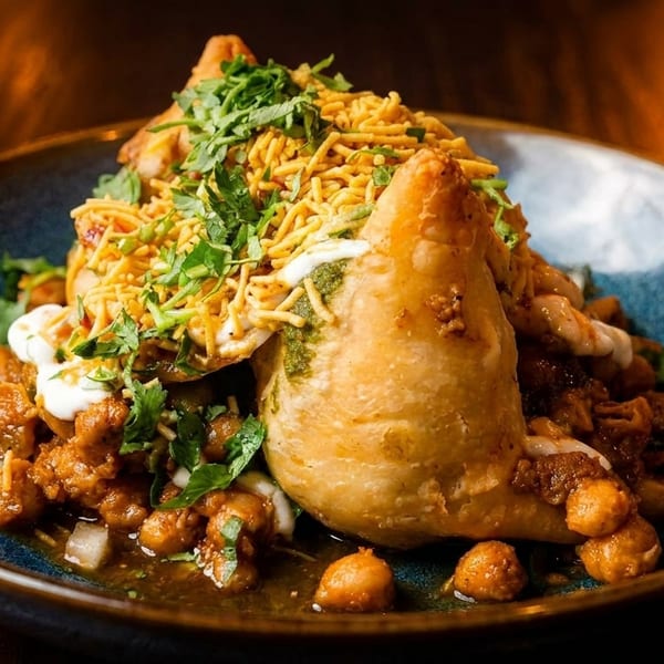 Samosa chaat with chickpeas, sauces, and crispy noodles, garnished with cilantro in a blue bowl.