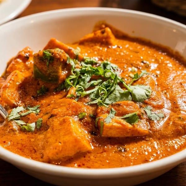 Close-up of a white bowl filled with orange curry, paneer, and green herbs, with a spoon.