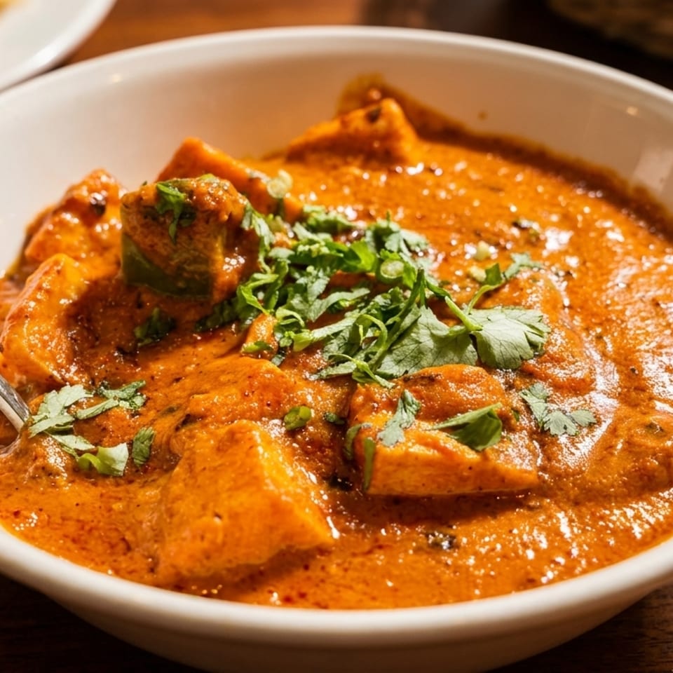 Close-up of a white bowl filled with orange curry, paneer, and green herbs, with a spoon.