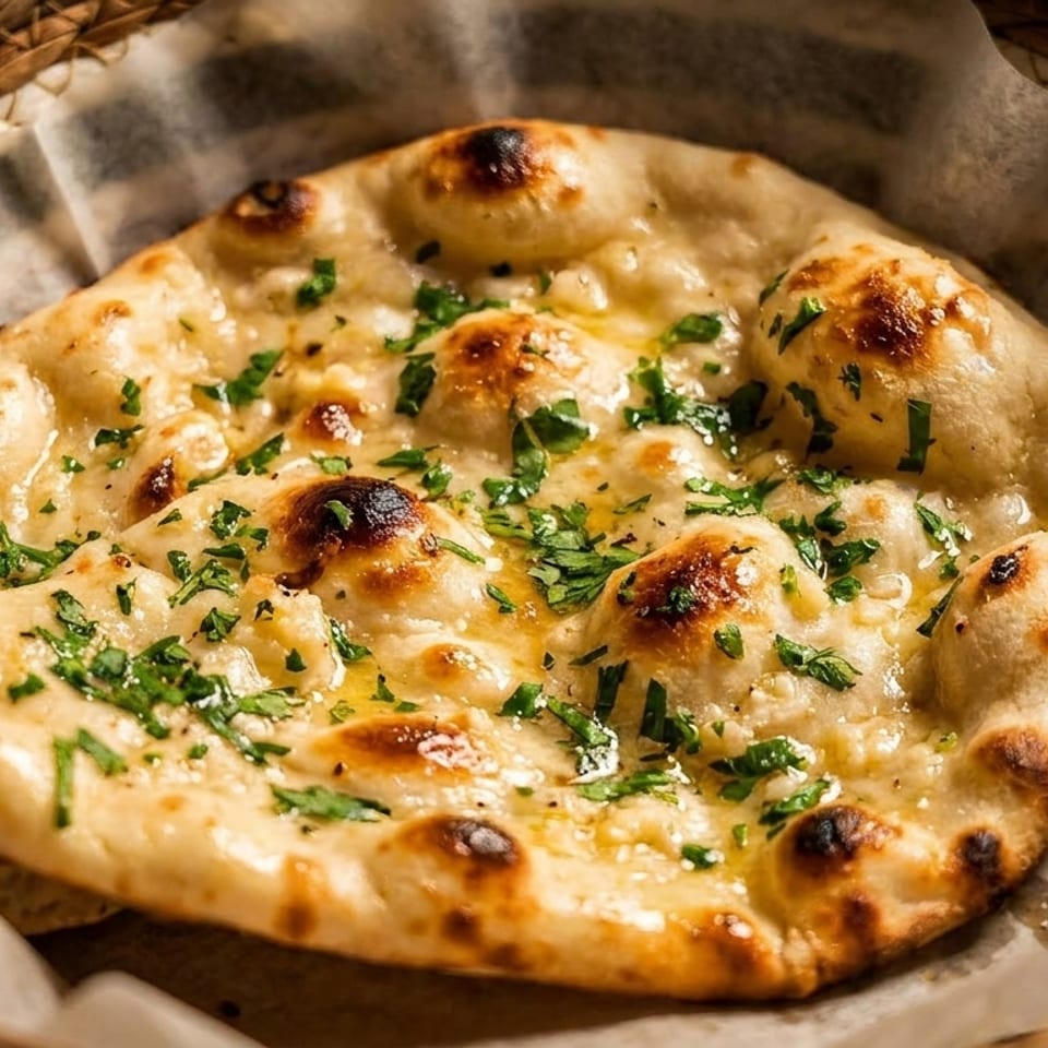 Golden-brown naan bread, brushed with butter and sprinkled with fresh cilantro, rests in a woven basket.