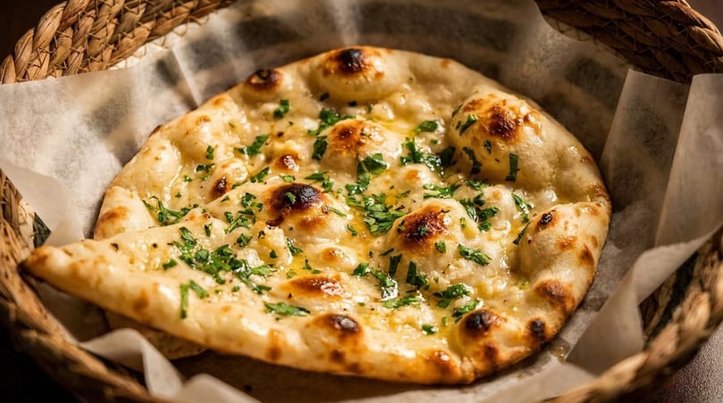 Golden-brown naan bread, brushed with butter and sprinkled with fresh cilantro, rests in a woven basket.