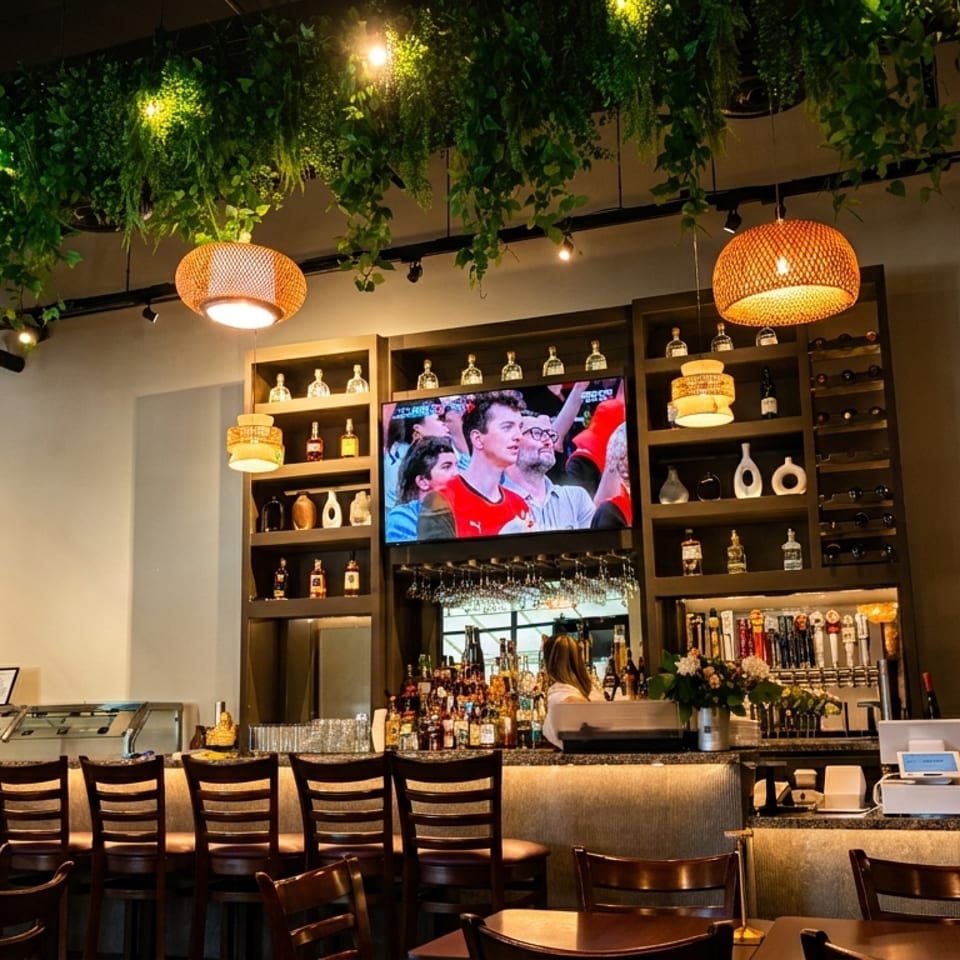 A restaurant bar with a large TV, liquor bottles, hanging plants, and woven light fixtures.