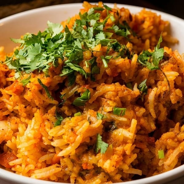 Close-up of a white bowl filled with vibrant orange biryani rice, garnished with fresh green cilantro.