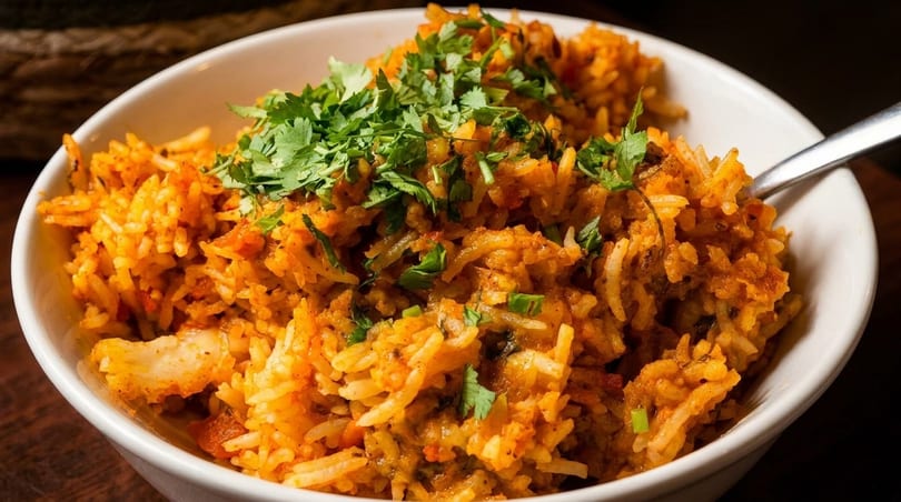 Close-up of a white bowl filled with vibrant orange biryani, garnished with fresh green cilantro.
